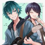  1boy 1girl anuneko1 black_jacket blazer blue_background blue_eyes blue_hair blue_jacket blush closed_eyes earrings guitar happy highres hood hoodie instrument jacket jewelry luka_couffaine marinette_dupain-cheng miraculous_ladybug open_clothes open_jacket open_mouth smile upper_body 