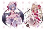  2girls bat_wings blonde_hair crystal_wings dress flandre_scarlet frilled_dress frills full_body gloves hat hat_ribbon high_heels laevatein_(touhou) long_hair multiple_girls open_mouth own_hands_together red_dress red_eyes red_ribbon remilia_scarlet ribbon rimei short_hair side_ponytail touhou white_gloves white_mob_cap wings yellow_ribbon 