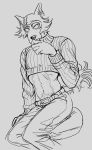  2020 abs anthro beastars belt black_and_white bottomwear canid canine canis clothing crop_top denim denim_clothing grey_background jeans legoshi_(beastars) male mammal monochrome muscular muscular_anthro muscular_male navel pants scar shirt simple_background sitting smagma solo sweater topwear wolf 