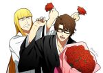  2boys aizen_sousuke angry bleach blonde_hair blunt_bangs bouquet brown_eyes brown_hair collarbone fingernails flower glasses hirako_shinji holding holding_bouquet holding_flower japanese_clothes kaidou_j1 long_hair male_focus multiple_boys open_mouth red_flower red_rose rose teeth twitter_username white_background wide_sleeves 