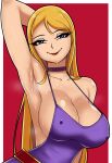  1girl arm_behind_head arm_up armpits bare_shoulders blonde_hair border breasts choker cleavage collarbone covered_nipples curvy dress english_commentary eyelashes highres jenet_behrn large_breasts lips lipstick long_hair looking_at_viewer makeup presenting_armpit purple_dress purple_eyes red_background saberrung shiny_skin sideboob simple_background sleeveless sleeveless_dress smile solo steam steaming_body sweat the_king_of_fighters upper_body white_border 