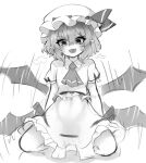  1girl :d absurdres afterimage ascot bat_wings commentary dress fangs flapping full_body greyscale hat hat_ribbon highres kneeling mob_cap monochrome motion_lines remilia_scarlet ribbon short_hair simple_background smile solo spread_legs thighs touho_0505 touhou white_background wings 