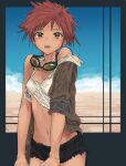  1girl arm_out_of_sleeve black_shorts blue_sky blush border breasts brown_eyes brown_hair brown_jacket bullfalk character_request collarbone commentary_request copyright_request cowboy_bebop cowboy_shot edward_wong_hau_pepelu_tivrusky_iv goggles goggles_around_neck grey_border jacket looking_at_viewer navel off_shoulder open_mouth outside_border short_shorts shorts sky sleeves_past_elbows small_breasts solo stomach tank_top teeth upper_teeth_only white_tank_top 