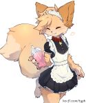  1girl animal_collar animal_ears apron barefoot black_dress blonde_hair body_fur claws closed_eyes collar cup disposable_cup dress drinking_straw english_commentary fang fox_ears fox_girl fox_tail furry furry_female heart highres holding holding_cup ko-fi_username maid maid_apron maid_headdress original pawpads puffy_short_sleeves puffy_sleeves short_dress short_sleeves simple_background smile solo standing standing_on_one_leg tail typh web_address white_background yellow_fur 