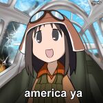  1girl 50bmg :d absurdres aircraft airplane america_ya_(meme) artist_name aviator_cap azumanga_daioh black_eyes black_hair brown_hat brown_jacket cockpit crack cracked_glass english_commentary english_text goggles goggles_on_head green_vest hat highres jacket japan kasuga_ayumu meme military_uniform open_mouth pilot_suit smile solo uniform vest world_war_ii 