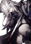  1girl animal_ears ankoro_mochi arknights black_coat black_gloves blood blood_on_weapon coat fur_trim gloves grey_eyes grey_hair hair_between_eyes hair_ornament hairclip hand_on_own_chest highres lappland_(arknights) lappland_(refined_horrormare)_(arknights) long_sleeves looking_at_viewer official_alternate_costume open_mouth scar scar_across_eye smile solo sword torn_clothes weapon white_background wolf_ears 