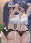  1girl absurdres ass black_panties blue_eyes blue_hair breasts crop_top dark_blue_hair english_commentary full-length_mirror hair_intakes hair_tie_in_mouth highres hololive hololive_english huge_breasts indoors long_hair mirror mouth_hold multicolored_hair navel ouro_kronii panties ponytail solo tank_top two-tone_hair tying_hair underwear virtual_youtuber white_tank_top yobi_(ybpac18) 