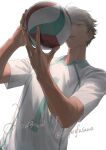  1boy ball brown_eyes brown_hair dated haikyuu!! holding holding_ball jersey kinsatsu_(grizzled) licking_lips male_focus oikawa_tooru_(haikyuu!!) short_hair simple_background solo sportswear tongue tongue_out twitter_username upper_body volleyball_(object) volleyball_uniform white_background 