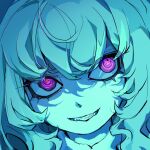  1girl @_@ blue_background blue_hair blue_skin colored_skin cyany english_commentary glowing glowing_eyes grin highres long_hair looking_at_viewer original pink_eyes portrait purple_eyes sharp_teeth smile solo teeth thick_eyelashes 