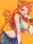  1girl animal_ear_fluff animal_ears bangle bare_shoulders bikini bikini_top_only blue_pants bracelet breasts brown_eyes cat_ears cat_girl cat_tail cleavage cowboy_shot denim earrings extra_ears glint green_bikini hair_behind_ear hand_up highres holding holding_key jeans jewelry key kurage20001 large_breasts log_pose long_hair looking_at_viewer midriff nami_(one_piece) navel one_eye_closed one_piece open_mouth orange_hair pants pearl_earrings solo sparkle swimsuit tail wavy_hair yellow_background 