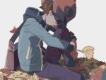 1boy autumn_leaves bag baseball_cap blue_hoodie brown_eyes brown_hair closed_mouth hat head_down highres hilbert_(pokemon) hood hoodie leg_hold long_sleeves looking_at_viewer male_focus moji_(ld_ipx) pants pokemon pokemon_(game) pokemon_bw sitting smile solo symbol_commentary 