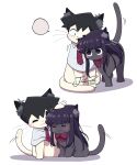  1boy 1girl absurdres animal_ear_fluff animalization artist_name black_eyes black_hair blush bow bowtie cat closed_eyes closed_mouth diagonal-striped_bow diagonal-striped_bowtie diagonal-striped_clothes hair_between_eyes headpat highres j_humbo komi-san_wa_komyushou_desu komi_shouko long_hair no_mouth signature simple_background smile striped_clothes tadano_hitohito tail tail_wagging whiskers white_background 