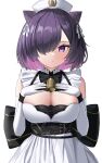  1girl azur_lane back_bow bare_shoulders bell black_bow black_bowtie black_wrist_cuffs bob_cut bow bowtie breasts cleavage closed_mouth commentary commission cone_hair_bun cowboy_shot dress elbow_gloves gloves hair_bun hair_over_one_eye hair_ribbon hands_on_own_chest hat highres jervis_(azur_lane) large_breasts looking_at_viewer neck_bell nurse_cap pixiv_commission purple_eyes purple_hair ribbon short_hair sidelocks simple_background sleeveless sleeveless_dress solo standing white_background white_dress white_gloves white_ribbon wrist_cuffs wynnblue 