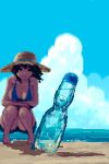  1girl bare_shoulders barefoot beach bikini bikini_top_only black_hair blue_bikini blue_ribbon blue_shorts blue_sky blurry blurry_background bottle breasts brown_eyes brown_hat cleavage cloud commentary cumulonimbus_cloud day depth_of_field floating_hair full_body hat hat_ribbon hisachan55cute horizon large_breasts looking_at_viewer medium_hair ocean outdoors pixel_art ramune ribbon sand shadow short_shorts shorts sideboob sky solo squatting straw_hat sun_hat swimsuit water wavy_hair wind 