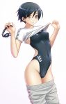  1girl arena_(company) black_hair breasts brown_eyes competition_swimsuit covered_navel covered_nipples goggles highleg highleg_swimsuit highres jacket jersey kuri_(kurigohan) one-piece_swimsuit original pants photoshop_(medium) shirt short_hair simple_background skin_tight small_breasts solo swimsuit swimsuit_under_clothes t-shirt track_jacket track_pants track_suit undressing white_background 