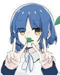  1girl absurdres birthday black_ribbon black_wrist_cuffs blue_hair bocchi_the_rock! collared_shirt dot_nose double_v eating english_commentary eyes_visible_through_hair hair_ornament hair_over_one_eye hands_up highres izu_(izu_16016) leaf leaf_in_mouth long_sleeves looking_at_viewer mole mole_under_eye neck_ribbon parted_bangs ribbon school_uniform shimokitazawa_high_school_uniform shirt short_hair sidelocks simple_background sketch solo v white_background white_shirt wrist_cuffs yamada_ryo yellow_eyes 