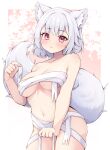  1girl animal_ear_fluff animal_ears bandages blush breasts closed_mouth commentary_request cowboy_shot inubashiri_momiji large_breasts looking_at_viewer medium_bangs navel red_eyes rururiaru sarashi short_hair solo tail touhou underboob white_hair wolf_ears wolf_girl wolf_tail 
