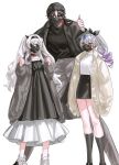  1boy 2girls black_dress black_hair black_hairband black_skirt black_socks blade_(honkai:_star_rail) dress firefly_(honkai:_star_rail) full_body grey_eyes grey_hair grey_jacket grey_pants hairband height_difference high_ponytail highres honkai:_star_rail honkai_(series) jacket jam8366 long_hair looking_at_another looking_at_viewer mask mouth_mask multiple_girls pants red_eyes shoes silver_wolf_(honkai:_star_rail) simple_background skirt sneakers socks standing sunglasses thumbs_up two_side_up very_long_hair white_background white_footwear white_hair 