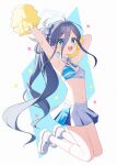  1girl absurdly_long_hair absurdres aris_(blue_archive) armpits black_hair blue_archive blue_eyes blue_halo blush breasts cheering cheerleader cosplay full_body halo hibiki_(blue_archive) hibiki_(blue_archive)_(cosplay) hibiki_(cheer_squad)_(blue_archive) highres holding holding_pom_poms long_hair millennium_cheerleader_outfit_(blue_archive) navel open_mouth pom_pom_(cheerleading) ringed_eyes shoes small_breasts smile socks solo supersugar very_long_hair white_footwear white_socks 