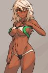  1girl bikini blush breasts closed_mouth contrapposto cowboy_shot dark_skin dark_skinned_female fingernails grey_background guilty_gear guilty_gear_xrd hair_between_eyes hand_up large_breasts long_hair navel nose_blush orange_eyes ramlethal_valentine revision solo swimsuit white_hair zakusi 