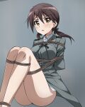  1girl absurdres ass bdsm blush bondage bound breasts brown_eyes brown_hair gertrud_barkhorn grey_background hair_ribbon highres large_breasts long_hair looking_at_viewer military_uniform open_mouth restrained ribbon shibari simple_background solo strike_witches sweat tied_up_(nonsexual) tokiani twintails uniform world_witches_series 