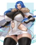  1girl black_gloves black_panties black_thighhighs blue_background blue_eyes blue_hair border breasts cameltoe cape clothing_cutout commentary commission elbow_gloves fingerless_gloves fur_collar gauntlets gloves highres hip_vent holding holding_weapon large_breasts long_hair microskirt mole mole_under_eye nastart navel_cutout original panties polearm simple_background skirt solo sparkle thick_thighs thighhighs thighs underwear upskirt weapon white_border 