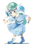  1girl backpack bag blue_eyes blue_footwear blue_hair blue_shirt blue_skirt boots clenched_hand closed_mouth dot_nose flat_cap frilled_shirt_collar frills full_body green_bag green_hat hair_bobbles hair_ornament hat heel_up holding holding_wrench kawashiro_nitori key light_blush long_sleeves looking_at_viewer looking_to_the_side medium_skirt ogawa_maiko outstretched_arms pocket rubber_boots shirt simple_background skirt skirt_set smile solo split_mouth touhou two_side_up walking white_background wing_collar wrench wrist_extended 