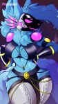  9:16 absurd_res anthro blue_body blue_fur breasts clothed clothing dress female fluffy fur hair hi_res hollow_hip_backless_chain_dress long_ears long_hair machine meme meme_clothing pinup plecopsar pose protogen shaded simple_background slim solo standing thick_thighs visor wide_hips 