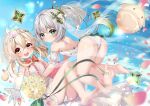  2girls ass backless_leotard bare_legs bare_shoulders barefoot blonde_hair blue_sky breasts brown_eyes cloud commentary_request cross-shaped_pupils day detached_sleeves dress elbow_gloves genshin_impact gloves gradient_hair green_eyes green_hair grey_hair hair_between_eyes highres klee_(genshin_impact) leotard long_hair low_twintails multicolored_hair multiple_girls nahida_(genshin_impact) outdoors panties petals pointy_ears puffy_short_sleeves puffy_sleeves rinringyo see-through see-through_sleeves short_sleeves sky sleeveless sleeveless_dress small_breasts soles streaked_hair symbol-shaped_pupils twintails underwear very_long_hair white_dress white_gloves white_leotard white_panties white_sleeves 