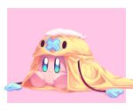  absurdres alternate_color blush_stickers border colored_skin cosplay deleca7755 drifloon drifloon_(cosplay) highres kirby kirby_(series) lying no_humans outside_border pink_background pink_skin pokemon shiny_pokemon simple_background solid_oval_eyes solo white_border 