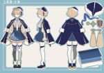  1girl absurdres ahoge black_legwear blonde_hair blue_coat blue_eyes blue_footwear blue_headwear blue_neckwear blue_ribbon blue_skirt boots breasts chain character_name character_sheet closed_mouth coat coat_on_shoulders collared_shirt commentary_request commission dress_shirt hair_intakes hat high-waist_skirt highres jewelry kneepits layered_skirt long_sleeves medal medium_breasts mismatched_legwear nanami_nanai necktie pin ribbon shirt skirt smile suspender_skirt suspenders thighhighs virtual_youtuber white_legwear white_shirt 
