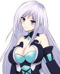  1girl bare_shoulders blue_eyes blush breasts cleavage closed_mouth commentary_request detached_sleeves eyebrows_visible_through_hair grey_hair highres large_breasts light_persona long_hair magiquone neptune_(series) purple_hair seshiro_(which501) simple_background smile solo upper_body white_background 