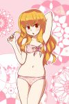  1girl :o arm_behind_head bangs blonde_hair blush bow bow_bra bra breasts cowboy_shot eyebrows_visible_through_hair highres long_hair orange_hair panties patterned_background pink_background pink_bra pink_panties sekaiju_no_meikyuu sekaiju_no_meikyuu_3 small_breasts solo tenjin underwear underwear_only white_background zodiac_(sekaiju) 