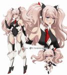  1girl alternate_costume animal_ears bangs bare_shoulders black_choker black_legwear black_leotard blush boots breasts cat_ears chibi choker clothing_request commentary covered_navel criis-chan cropped_torso danganronpa danganronpa_1 detached_sleeves enoshima_junko fake_animal_ears full_body hand_up headgear high_heel_boots high_heels leotard light_brown_hair long_hair looking_at_viewer medium_breasts multiple_views necktie open_mouth red_nails red_neckwear short_necktie shoulder_tattoo simple_background tagme tattoo thighhighs thighs twintails twitter_username upper_teeth white_background white_neckwear 