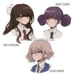  3girls bangs black_neckwear blush brown_hair character_name closed_mouth collared_shirt commentary concept_art criis-chan cropped_shoulders danganronpa double_bun grey_shirt hair_between_eyes hair_ribbon harukawa_maki jacket long_hair looking_at_viewer multiple_girls nanami_chiaki necktie new_danganronpa_v3 official_alternate_costume pink_eyes pink_ribbon prototype purple_hair red_neckwear ribbon shirt short_hair simple_background super_danganronpa_2 tsumiki_mikan twitter_username white_background 