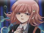  1990s_(style) 1girl backpack bag bangs black_jacket black_shirt blush brown_hair close-up collared_shirt commentary criis-chan danganronpa dress_shirt eyebrows_visible_through_hair face hair_ornament hairclip hand_on_own_chest hand_up jacket long_sleeves medium_hair nanami_chiaki neck_ribbon open_clothes open_jacket open_mouth pink_ribbon ribbon shirt smile spoilers subtitled super_danganronpa_2 twitter_username upper_teeth 