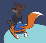  2019 anthro blue_clothing blue_dress bottomless butt canid canine clothed clothing dress female fox foxie_(foxie_group_pty_ltd) foxie_group_pty_ltd high-angle_view kneeling looking_at_viewer looking_back looking_back_at_viewer mammal mascot orange_body shadow siroc soles solo 