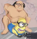  absurd_res ambiguous_gender anal bald blue_eyes clothing danny_devito despicable_me duo english_text eyewear forced from_behind_position glasses gloves goggles hairy handwear hi_res human humanoid illumination_entertainment male mammal minion_(despicable_me) nightmare_fuel nipples overalls overweight profanity rape sex teeth text why yellow_body 