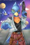  2018 5_fingers anthro avian bandanna belt bird blue_body blue_feathers clothed clothing falco_lombardi feathers fingers green_eyes half-closed_eyes hi_res kerchief luzim-lukart male narrowed_eyes nintendo planet red_body red_feathers ship solo space star_fox vehicle video_games watercraft 