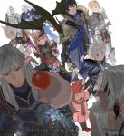  5boys 5girls adventurer_(ff14) alphinaud_leveilleur animal_ears armor aymeric_de_borel bangs black_hair blonde_hair blue_eyes cat_ears chainmail circlet closed_eyes dragon elezen elf estinien eyepatch facial_mark final_fantasy final_fantasy_xiv green_eyes grey_hair hat haurchefant_greystone highres holy_pumpkin hyur lalafell long_hair lucia_junius midgardsormr miqo&#039;te moogle multiple_boys multiple_girls neck_tattoo open_mouth pink_hair pointy_ears short_hair shoulder_armor sword tataru_taru tattoo thancred_waters weapon whisker_markings white_background white_hair y&#039;shtola_rhul ysayle_dangoulain 