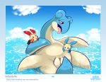  2020 absurd_res ambiguous_gender beach bedroom_eyes blush clothing digital_media_(artwork) female feral genitals group hi_res lapras lapras_paradise long_neck minun narrowed_eyes nintendo plusle pok&eacute;mon pok&eacute;mon_(species) presenting presenting_pussy pussy seaside seductive size_difference softestpuffss tongue tongue_out video_games water 
