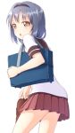  1girl bag bangs blue_hair brown_eyes brown_footwear furutani_himawari hair_intakes hairband handbag highres holding holding_shoes looking_back medium_hair nanamori_school_uniform open_mouth pontasu sailor_collar school_uniform serafuku shoes short_sleeves solo thighs yuru_yuri 