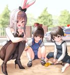  3girls :3 :d absurdres animal_ears bangs bare_shoulders barefoot between_breasts black_bow black_footwear black_hair black_leotard black_neckwear blurry blurry_background blush bobby_socks bow breasts brown_eyes brown_legwear bunny_ears bunny_tail car child cleavage closed_mouth collar commentary_request day dduck_kong depth_of_field detached_collar eyebrows_visible_through_hair green_eyes ground_vehicle hair_bow hand_up high_heels highres knees_up leg_hug leotard long_hair long_sleeves medium_breasts motor_vehicle multiple_girls necktie necktie_between_breasts open_mouth original outdoors overalls pantyhose playboy_bunny police_car puffy_short_sleeves puffy_sleeves railing red_bow red_eyes sandbox shirt shoes short_sleeves silver_hair smile socks squatting strapless strapless_leotard tail thighband_pantyhose trowel upper_teeth white_collar white_legwear white_shirt wrist_cuffs 