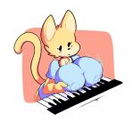  anthro big_breasts breasts clothing domestic_cat elchilenito felid feline felis female fur holding_breast keyboard_instrument looking_down mammal musical_instrument nipple_outline orange_body orange_fur piano raised_tail solo 