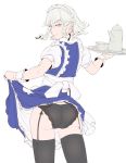  1girl apron ass black_legwear black_panties blue_dress bow braid cup dress frilled_apron frilled_skirt frills garter_belt hair_bow hi_you_(flying_bear) highres izayoi_sakuya lace lace-trimmed_panties lace_trim lifted_by_self looking_at_viewer maid maid_apron maid_headdress medium_hair panties puffy_short_sleeves puffy_sleeves purple_eyes short_hair short_sleeves silver_hair skirt skirt_hold skirt_lift smile solo tea_set teacup teapot thighhighs touhou tray twin_braids underwear 