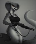  1girl bottomless breasts cleavage commentary covered_nipples english_commentary fangs finger_on_trigger fingernails furry greyscale gun highres holding holding_gun holding_weapon imp_(impractical) lamia large_breasts monochrome monster_girl open_mouth orange_sclera original scales sharp_fingernails shirt shotgun sling slit_pupils smoke smoking_gun solo spas-12 spot_color standing tank_top taut_clothes taut_shirt weapon 