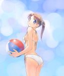  1girl ass back ball beachball bikini blue_eyes blue_scrunchie blue_sky breasts brown_hair closed_mouth commentary_request day eyebrows_visible_through_hair from_behind hair_ornament hair_scrunchie highres holding holding_ball ikeda_jun_(mizutamari) light_smile looking_at_viewer looking_back medium_hair original outdoors ponytail redrawn scrunchie side-tie_bikini sky small_breasts solo standing swimsuit white_bikini 