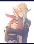  1boy 1girl animal_ears black_coat black_gloves blush breasts bunny_ears calm_mashiro cleavage closed_eyes coat gloves goggles goggles_on_head hair_between_eyes height_difference hetero hound_(sekaiju) hug hug_from_behind long_sleeves pointy_ears sekaiju_no_meikyuu sekaiju_no_meikyuu_5 short_hair simple_background single_glove small_breasts strapless tubetop upper_body warlock_(sekaiju) white_background yellow_eyes 