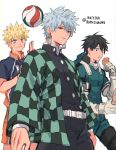  3boys absurdres ball belt black_eyes black_hair blonde_hair blue_eyes boku_no_hero_academia checkered_haori chicken_leg cosplay earrings eating gintama grey_hair haikyuu!! haori highres hinata_shouyou hinata_shouyou_(cosplay) japanese_clothes jewelry jumpsuit kamado_tanjirou kamado_tanjirou_(cosplay) kimetsu_no_yaiba male_focus midoriya_izuku midoriya_izuku_(cosplay) monkey_d_luffy multiple_boys naruto_(series) one_piece pants red_eyes ruttika_shin sakata_gintoki shirt shorts uniform uzumaki_naruto 