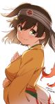  1girl brown_hair commentary_request cowboy_shot headband highres hiryuu_(kantai_collection) japanese_clothes kantai_collection kimono laco_soregashi looking_at_viewer one_side_up orange_kimono short_hair simple_background smile solo twitter_username white_background 